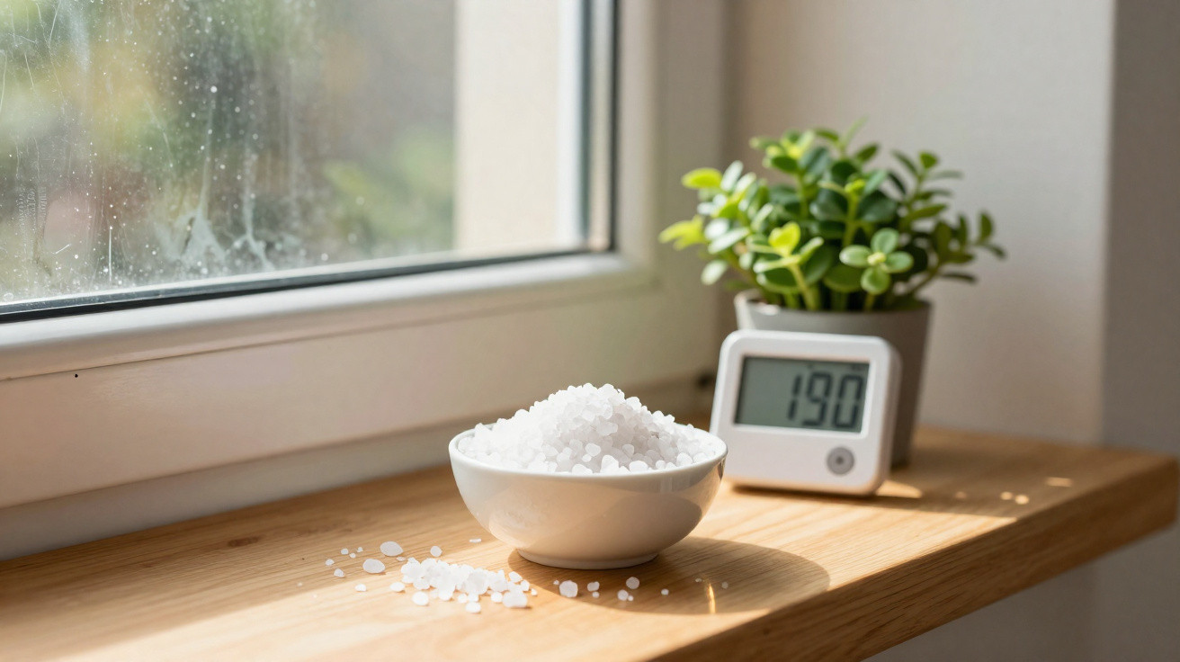 White bowl filled with coarse salt on a windowsill next to a digital timer and a small green plant.