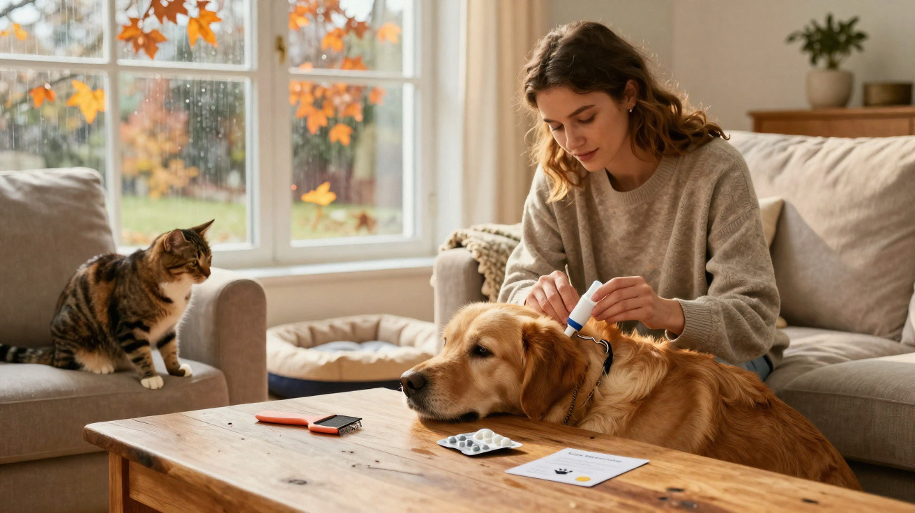 Woman applying ear drops to golden retriever as cat watches in autumn-lit living room
