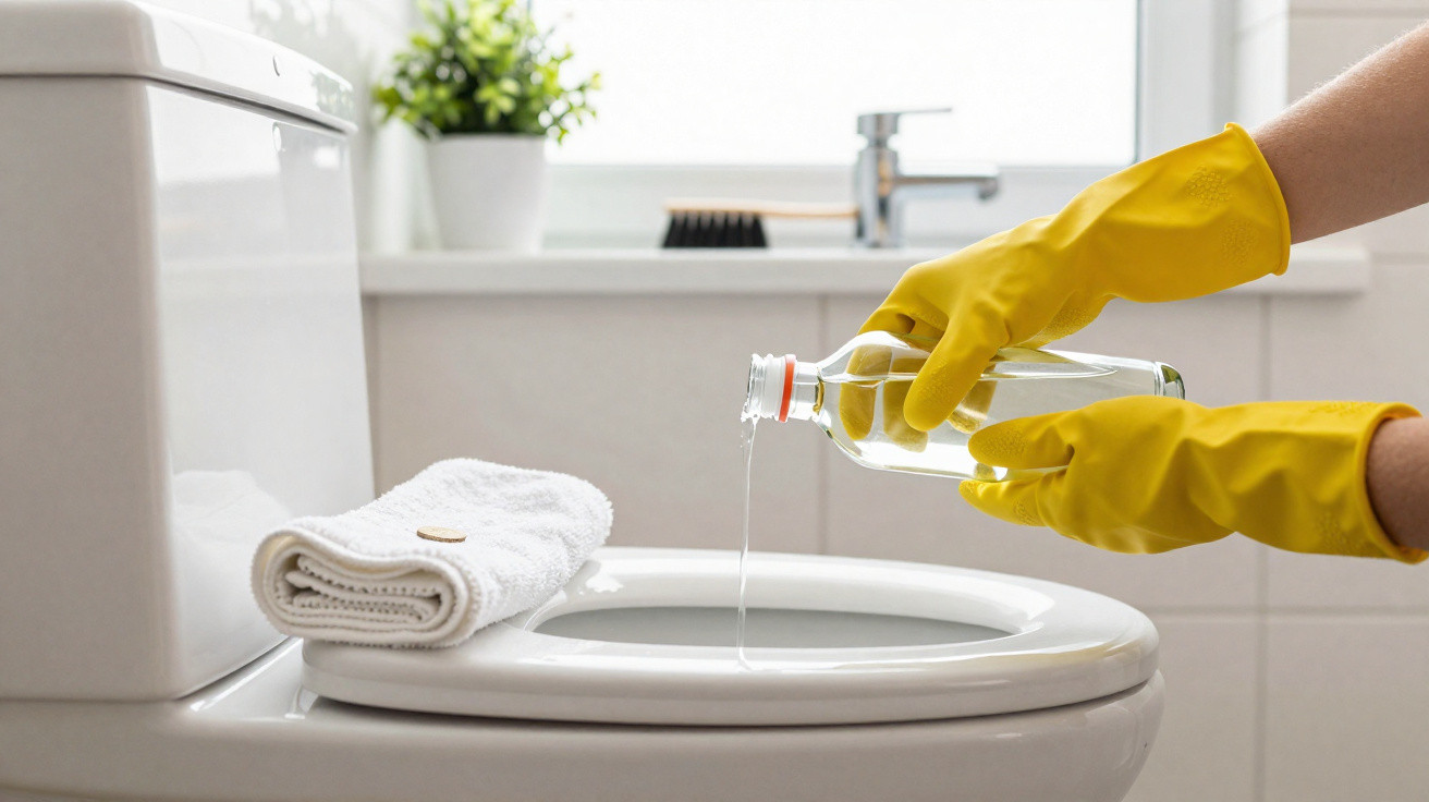 Person wearing yellow gloves pouring liquid from a bottle into a toilet bowl with a folded towel on the seat.