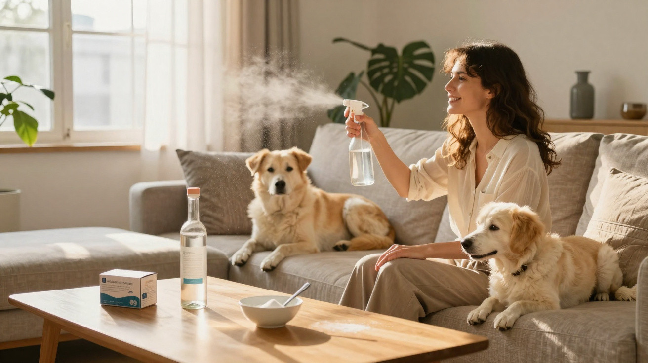 Woman spraying a mist from a spray bottle while sitting on a sofa with two dogs in a sunny living room.