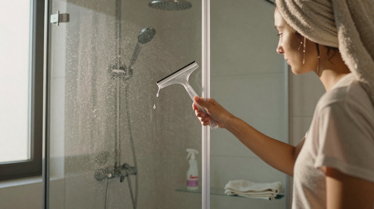 Woman with towel on head using a squeegee to clean a steamy shower glass door in a bathroom.
