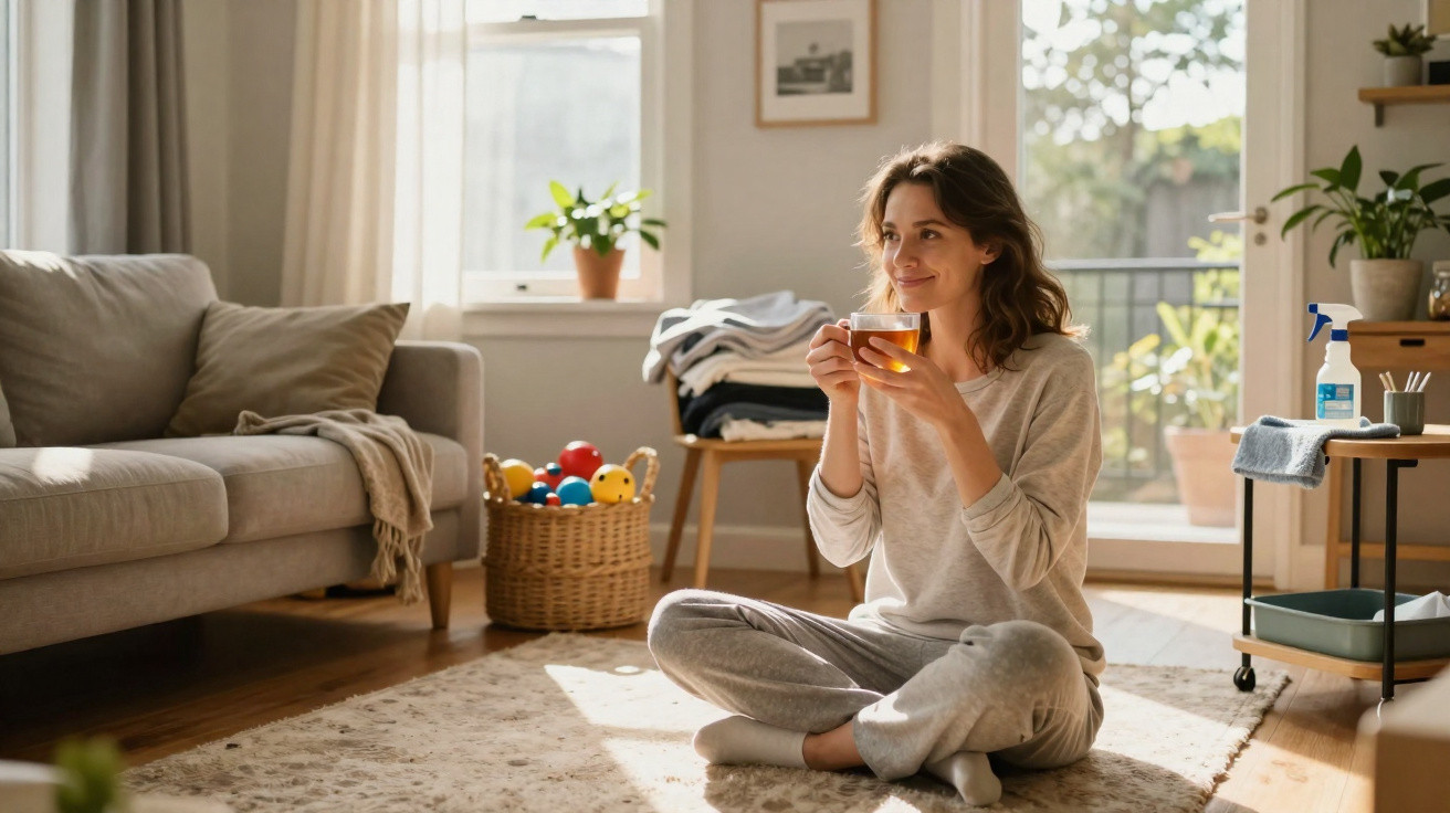 Woman in grey loungewear sitting cross-legged on rug, holding a cup of tea in a sunlit living room.