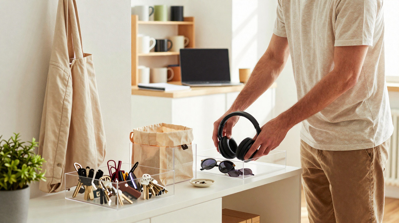 Person organising headphones on a white desk with keys, sunglasses, and a paper bag in a bright room.