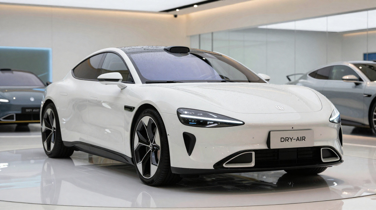 White sleek electric sports car on display in a modern showroom with reflective flooring and other vehicles visible.