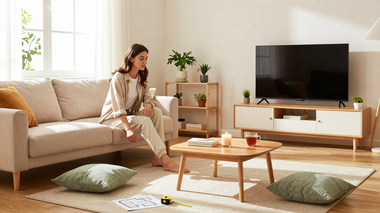 Woman sitting on a beige sofa in a sunlit living room with a wooden coffee table, TV, and green cushions on the floor.