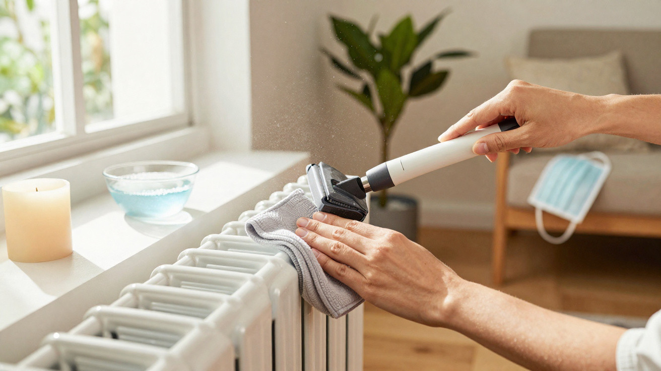 Person using a handheld steam cleaner and cloth to clean a white radiator in a bright living room.