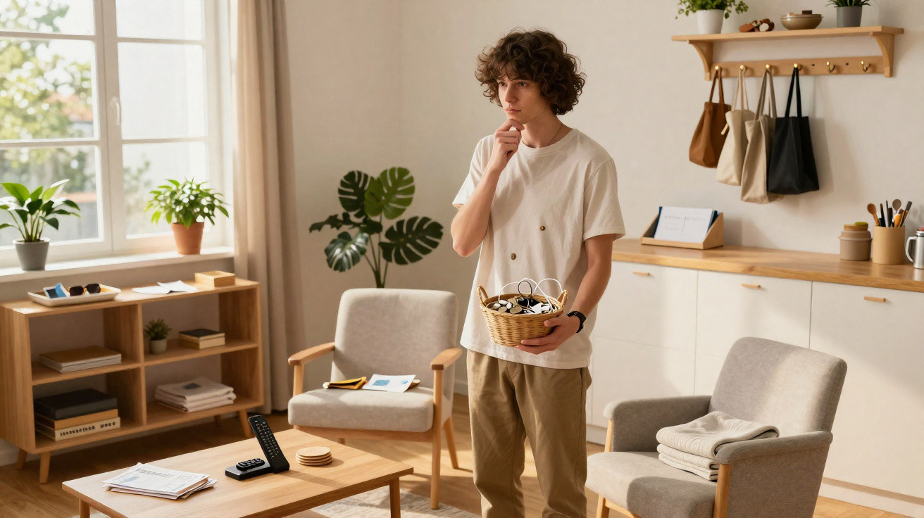 Young man holding basket with sunglasses, standing thoughtfully in modern living room with natural light.