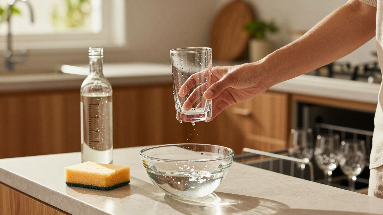 Hand holding a wet glass above a bowl of water on a kitchen countertop with a sponge and bottle nearby.