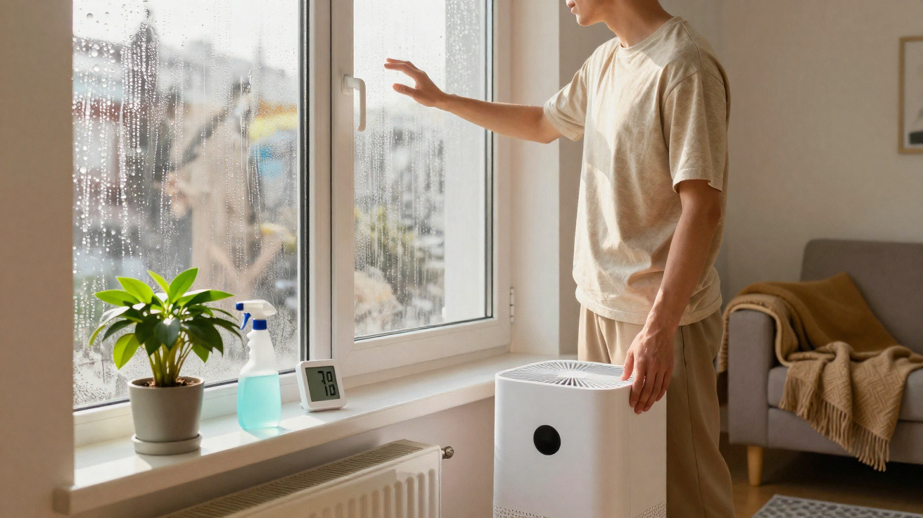 Person opening a window on a rainy day while standing next to an air purifier in a living room.
