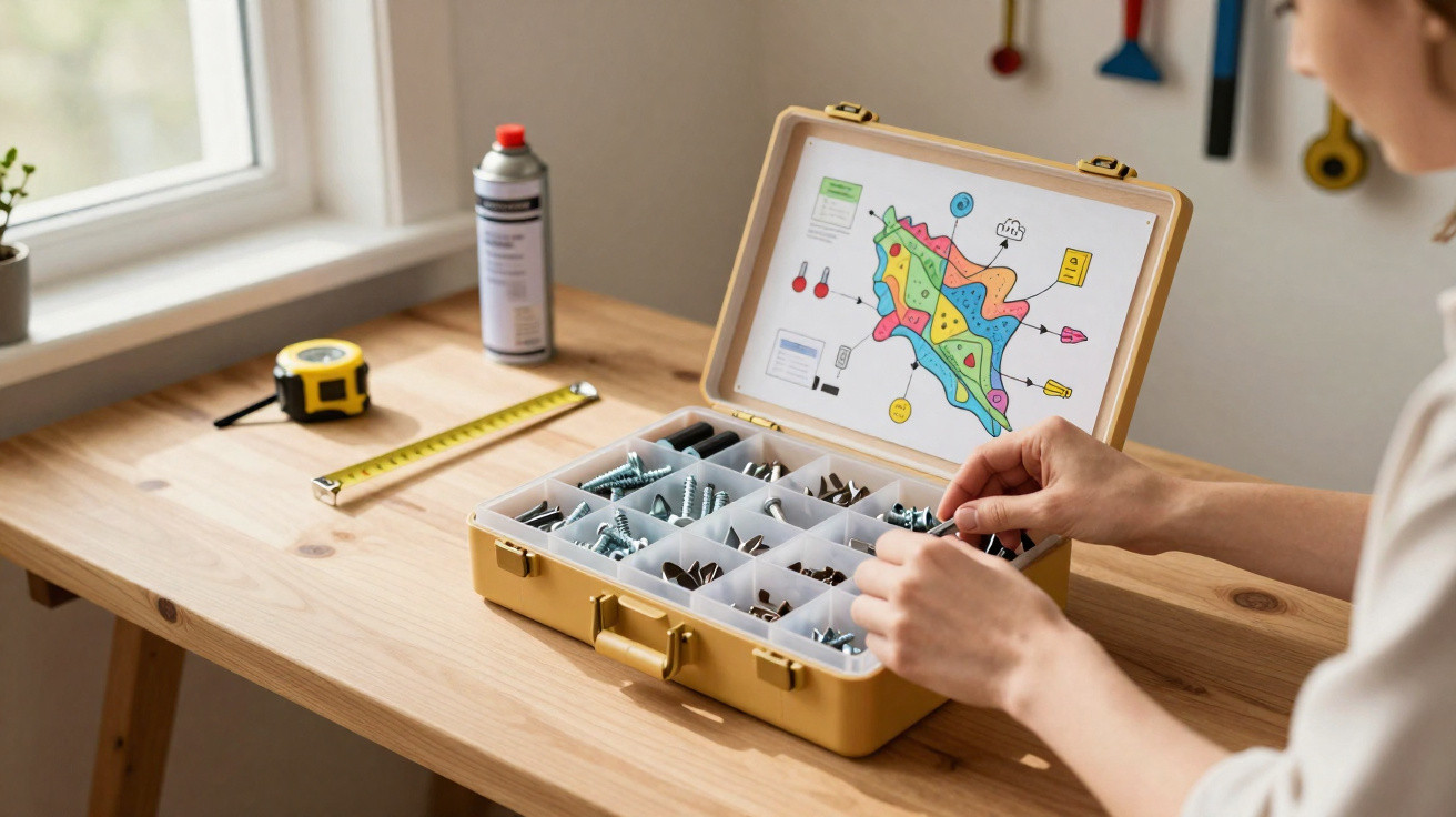 Person organising various screws and bolts in a yellow compartmentalised storage box on a wooden table.