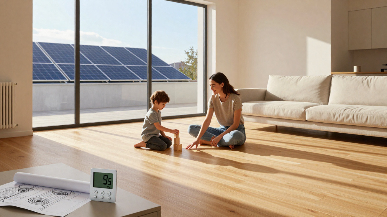 Mother and child playing with wooden blocks on the floor of a bright living room with solar panels outside.