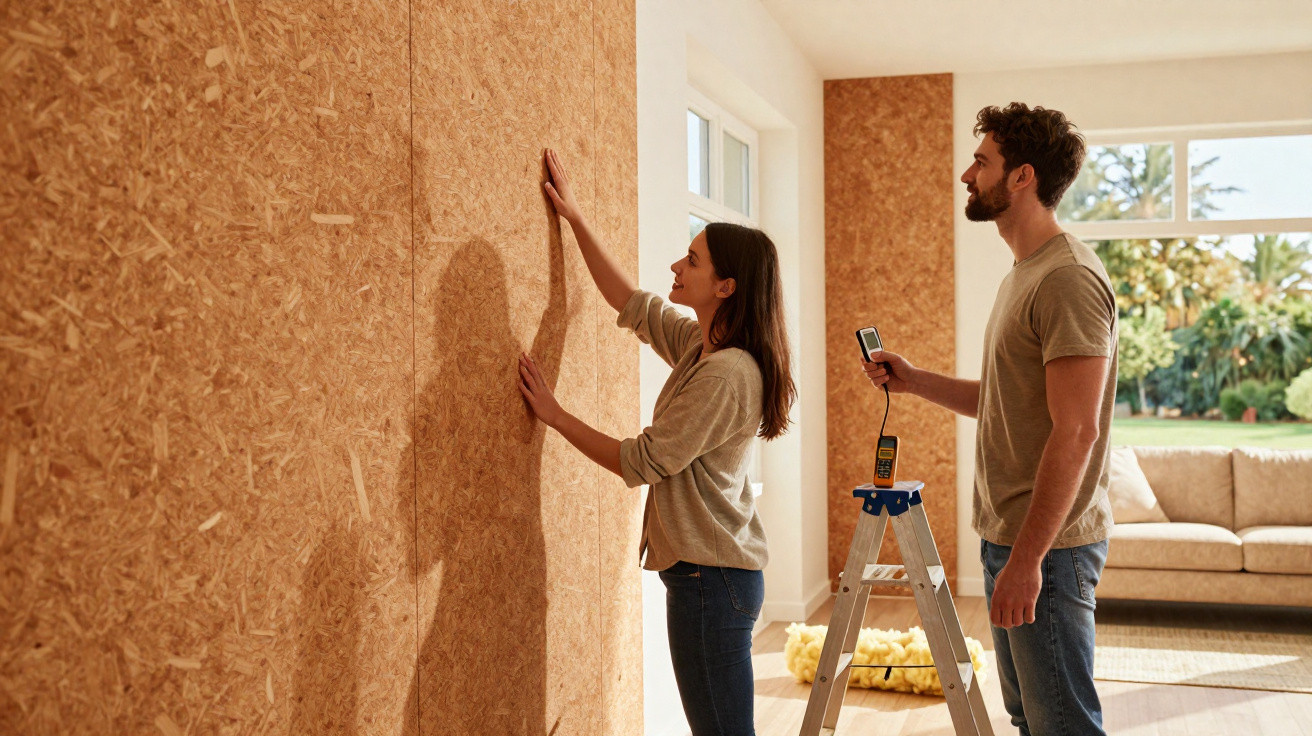 Couple installing large wooden wall panels in bright living room with stepladder and measuring tool.