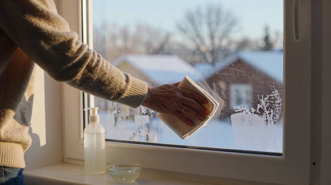 Person cleaning a window with a cloth on a cold, frosty day with snow-covered houses outside.