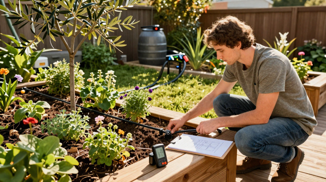 Man in grey t-shirt planting flowers and recording data in a garden on a sunny day.