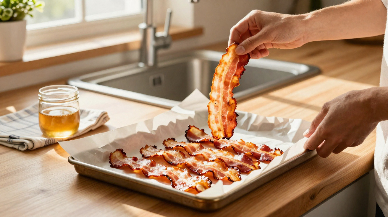 Hand placing a crispy strip of cooked bacon on a baking tray lined with parchment paper in a kitchen.
