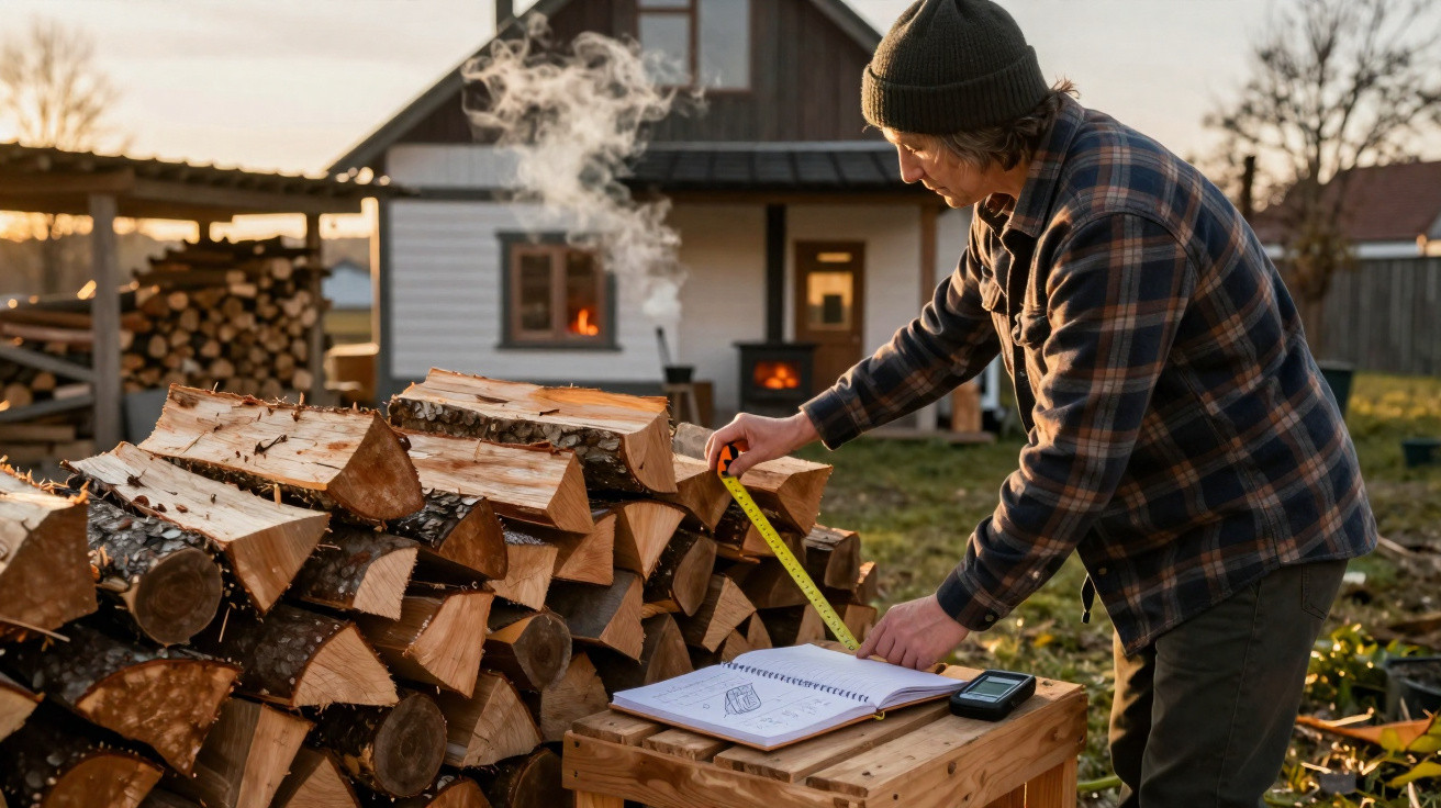 Person measuring firewood with tape measure outside a house at sunset with smoke from a chimney.