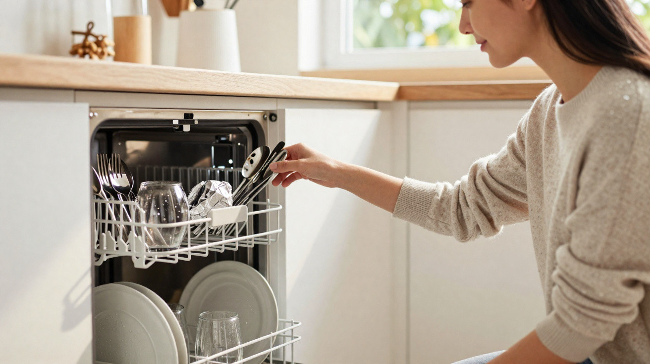 Person loading a dishwasher with plates, glasses, and cutlery in a modern kitchen.