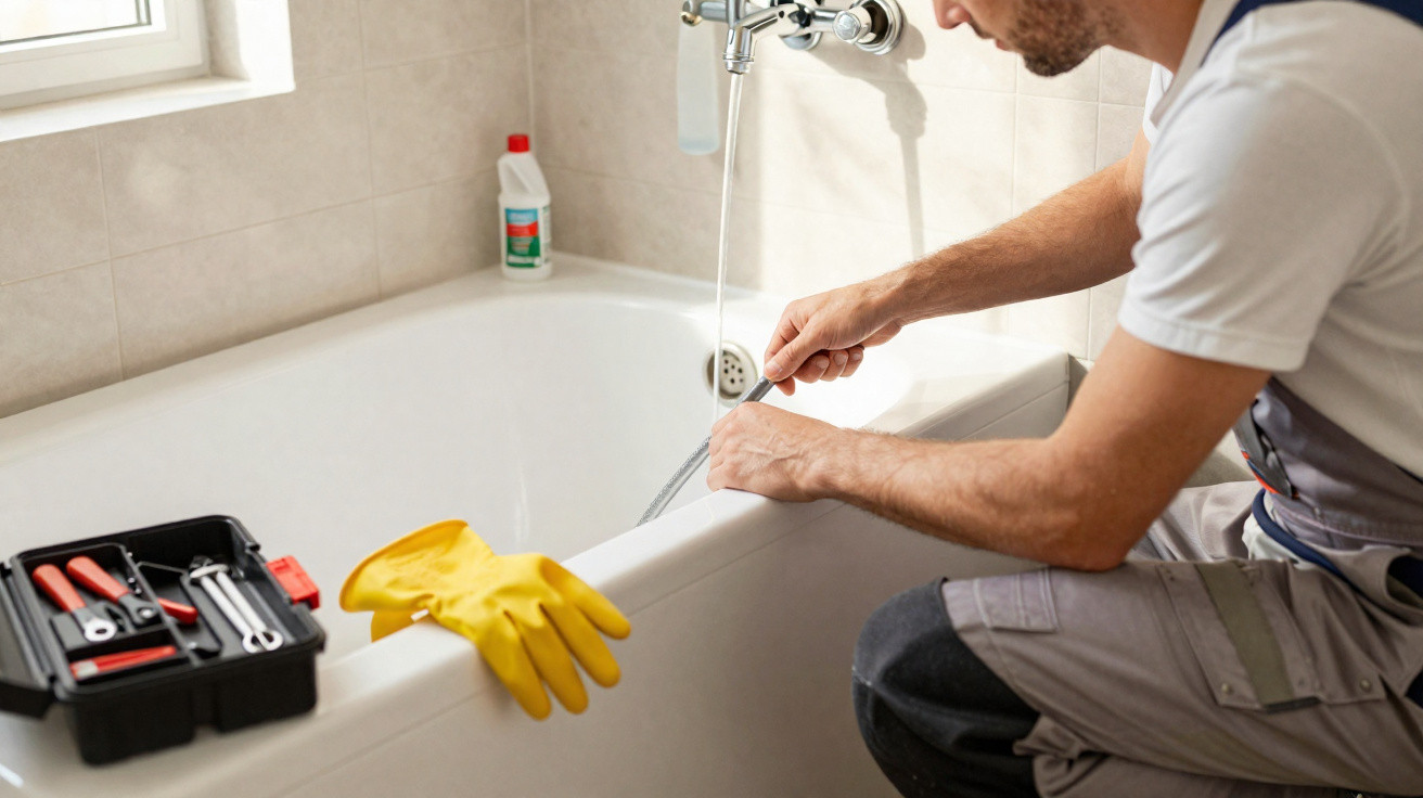 Plumber in workwear fixing a running bathtub faucet with tools and yellow gloves on the tub edge.