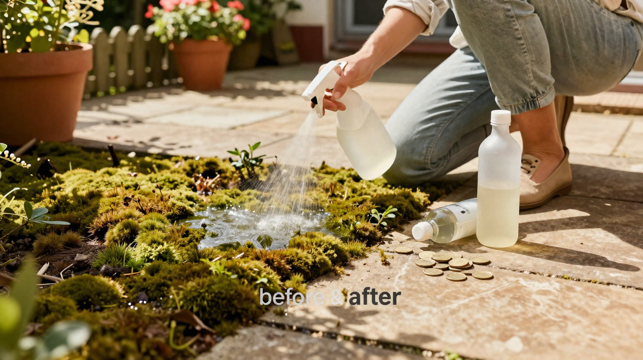 Person spraying liquid on moss growing between patio paving stones on a sunny day.