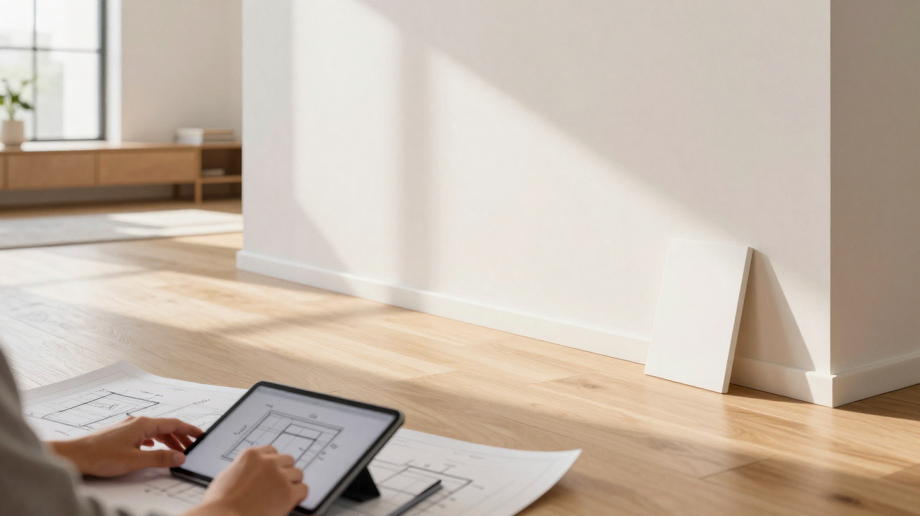 Person using a tablet and floor plans on a wooden floor in a sunlit, minimalistic room with a leaning canvas.