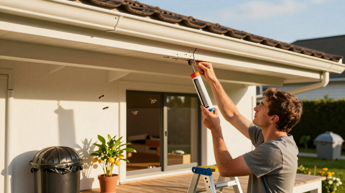 Man on ladder using a wasp trap to remove wasps from under a house gutter on a sunny day.