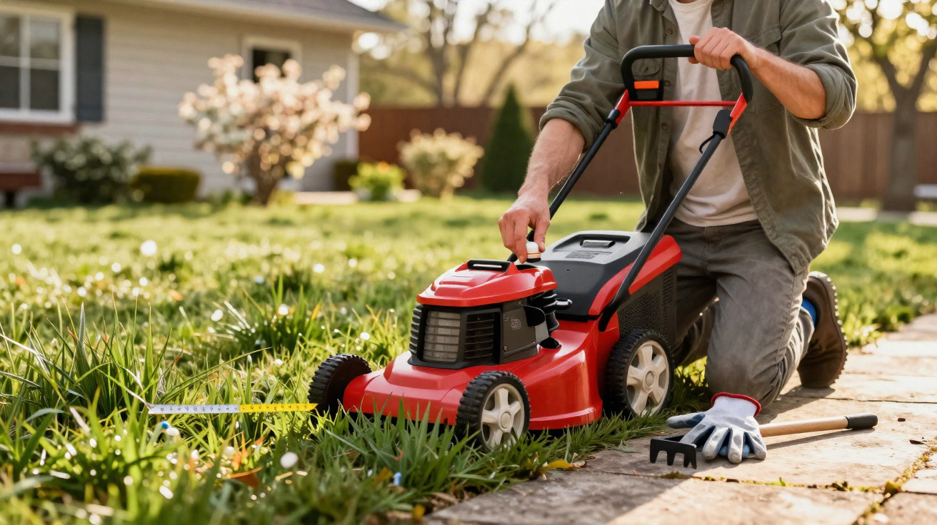 Person adjusting a red lawn mower on grass next to a garden path with gardening tools nearby.
