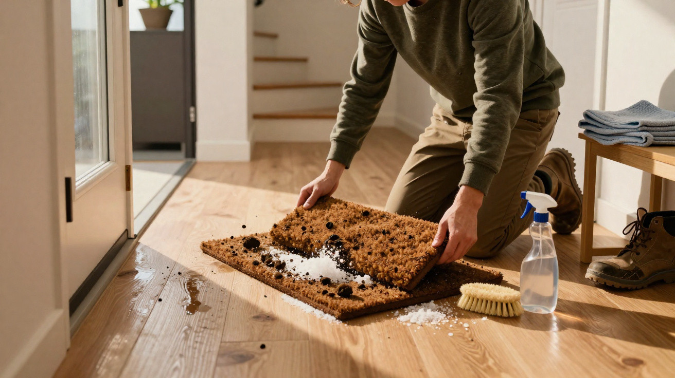 Person cleaning a muddy doormat with cleaning brush and spray bottle on wooden floor indoors.