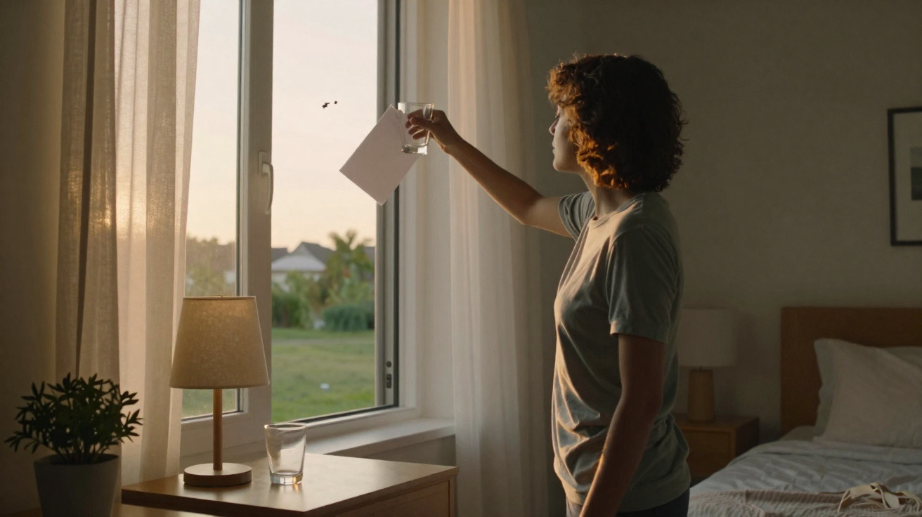 Person holding up a glass of water and a pill packet by a window in a softly lit bedroom.