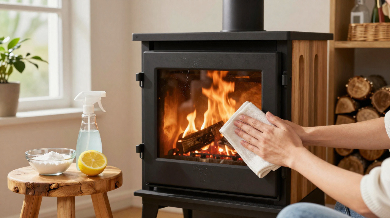 Person cleaning the glass door of a burning wood stove with a cloth in a cosy room setting.