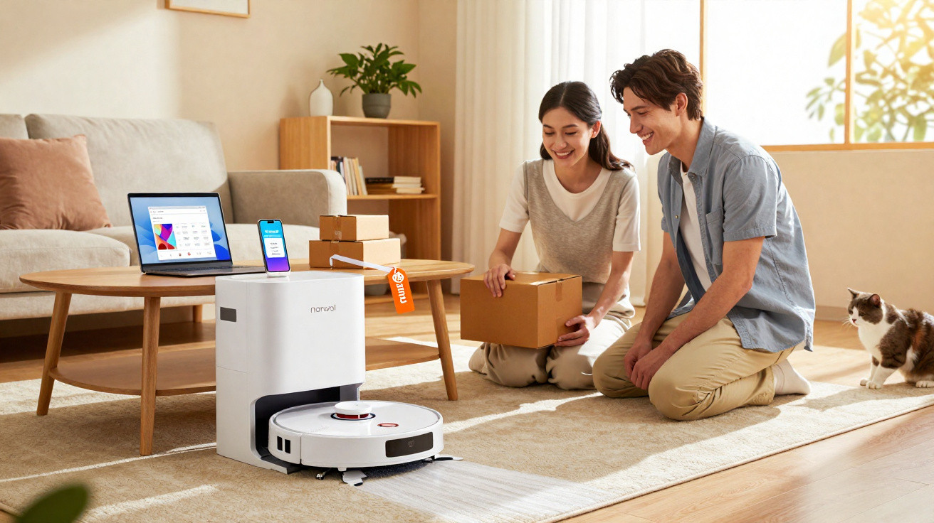 Couple unpacking boxes in a bright living room with a robot vacuum cleaning the carpet nearby and a cat watching.