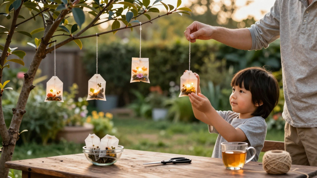 Child and adult hanging glowing lanterns with flowers from a tree branch in a garden at dusk
