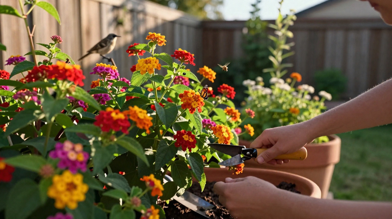 Hands pruning vibrant orange and red flowers in a garden with a bird perched on a fence in the background.