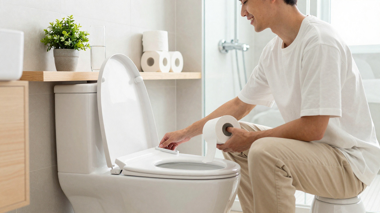 Man sitting on closed toilet lid holding toilet paper in a modern bathroom with wooden shelf and plant.