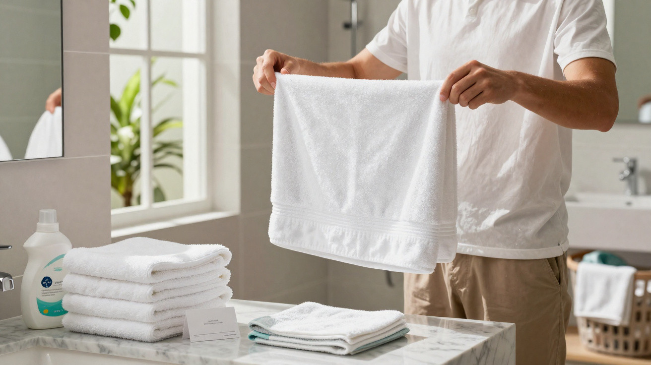 Person folding a white towel in a bright bathroom with folded towels and detergent on the sink counter.