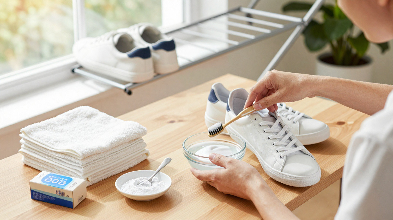 Person cleaning white sneakers with a toothbrush and baking soda paste on a wooden table near a window.