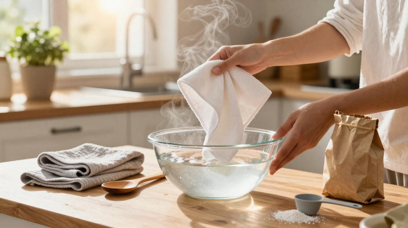 Hands wringing steam from a white cloth over a glass bowl of hot water on a kitchen counter.