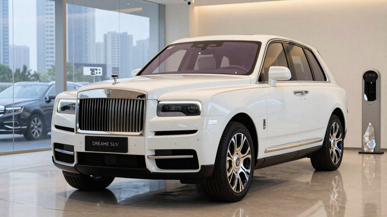White Rolls-Royce Dreame SUV parked indoors with city buildings visible through glass walls.