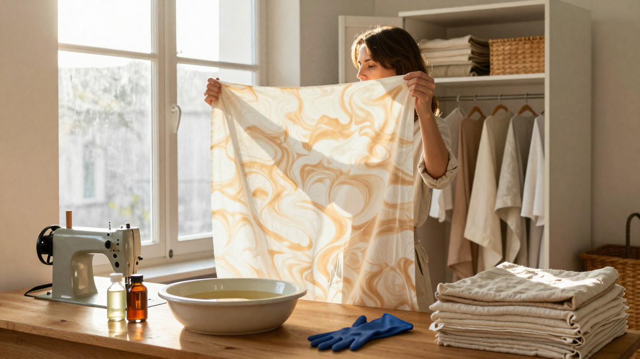 Woman holding up marbled fabric in a sunlit sewing room with sewing machine, basin, and folded linens.