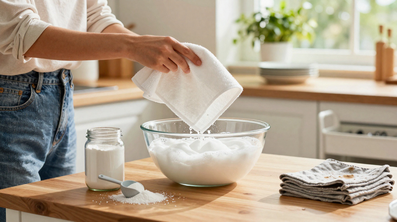 Person pouring white powder from a cloth into a glass bowl on a wooden kitchen table.
