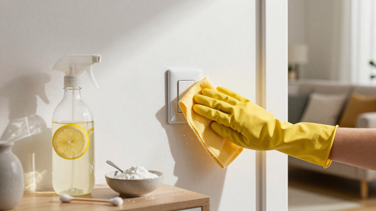Hand in yellow glove wiping a light switch with a cloth next to a spray bottle and bowl on a wooden surface.