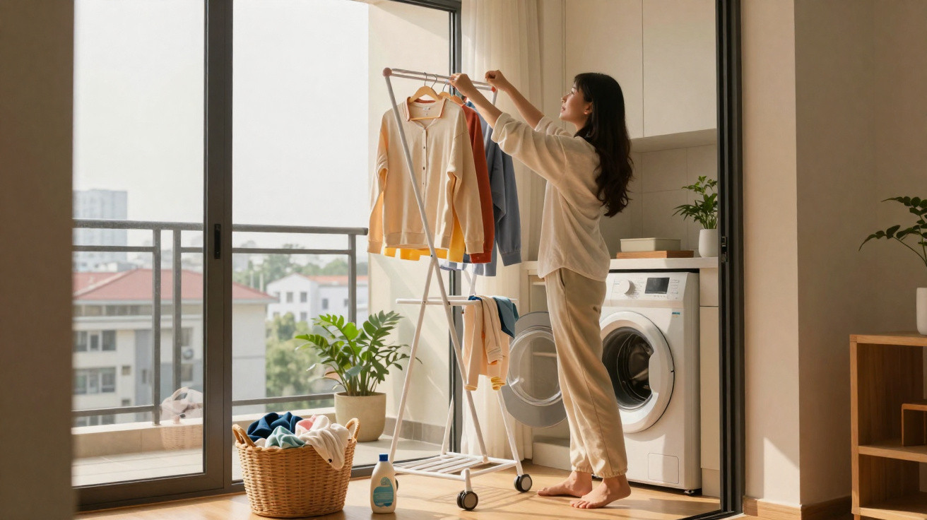 Woman hanging clothes on a drying rack in a bright room with a washing machine and basket of laundry nearby.