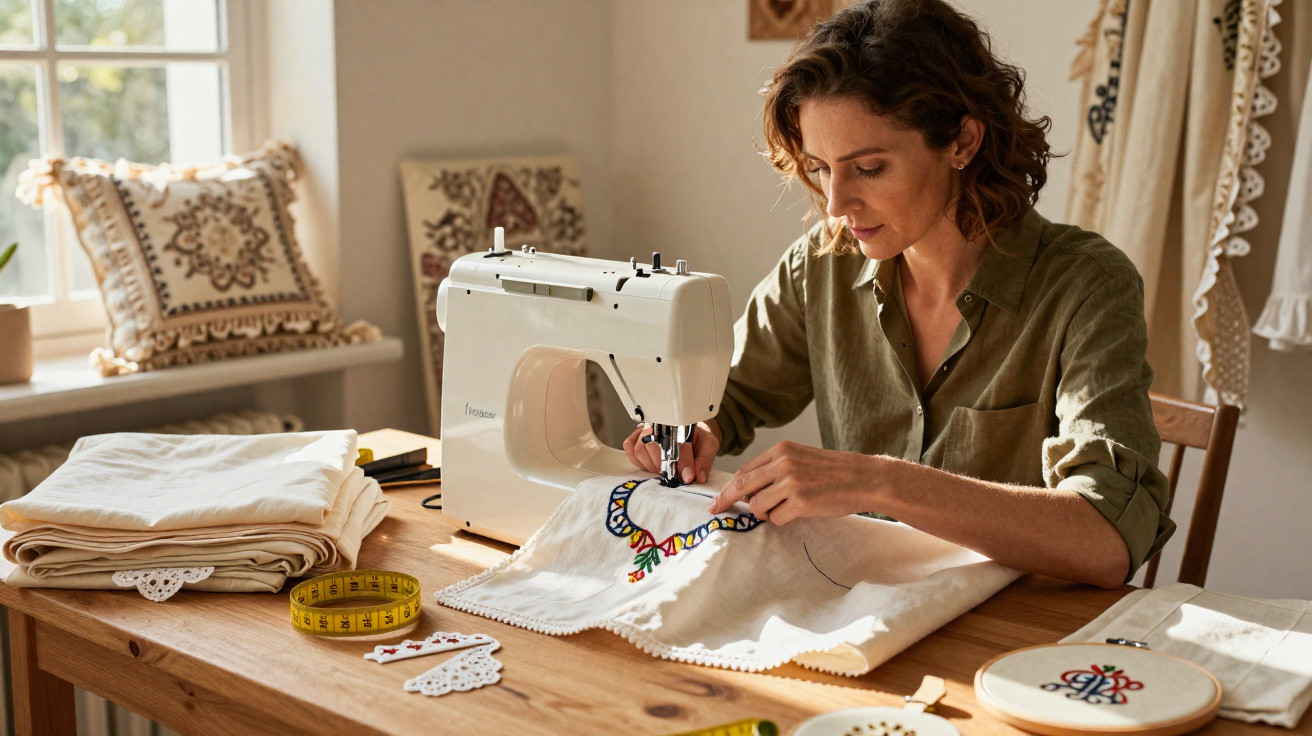 Woman sewing colourful embroidery on white fabric using a sewing machine in a sunlit room.