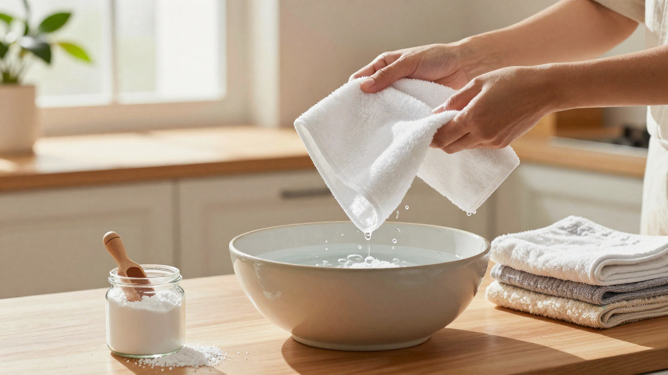 Hands wringing water from a white towel over a bowl of water on a wooden kitchen counter.
