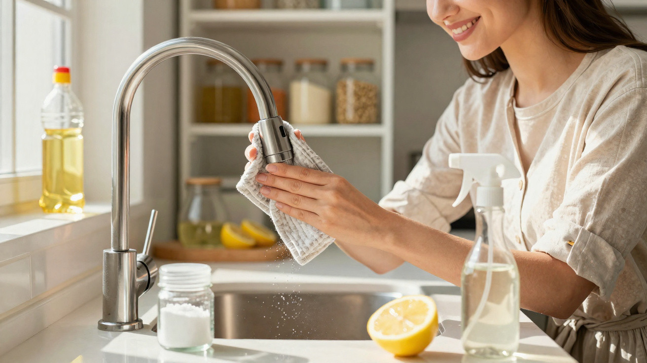 Woman cleaning kitchen tap with cloth, lemon half, spray bottle, and jar on countertop near window.