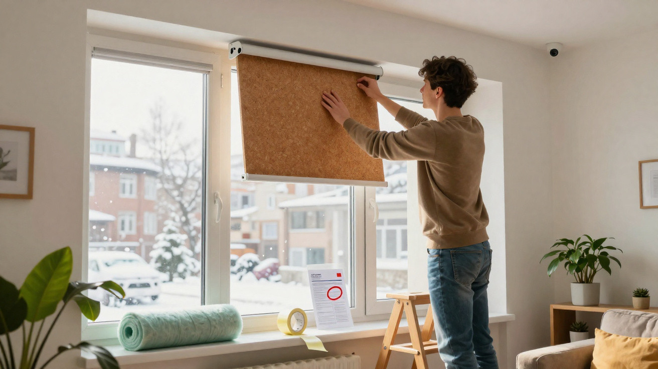 Person installing a brown roller blind on a window inside a cosy, well-lit room during winter.