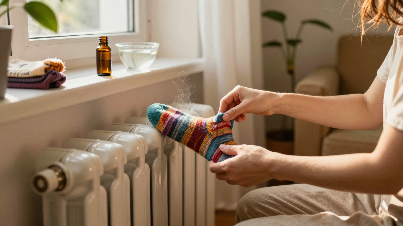 Person warming a colourful knitted sock over a steaming radiator in a cosy indoor setting.