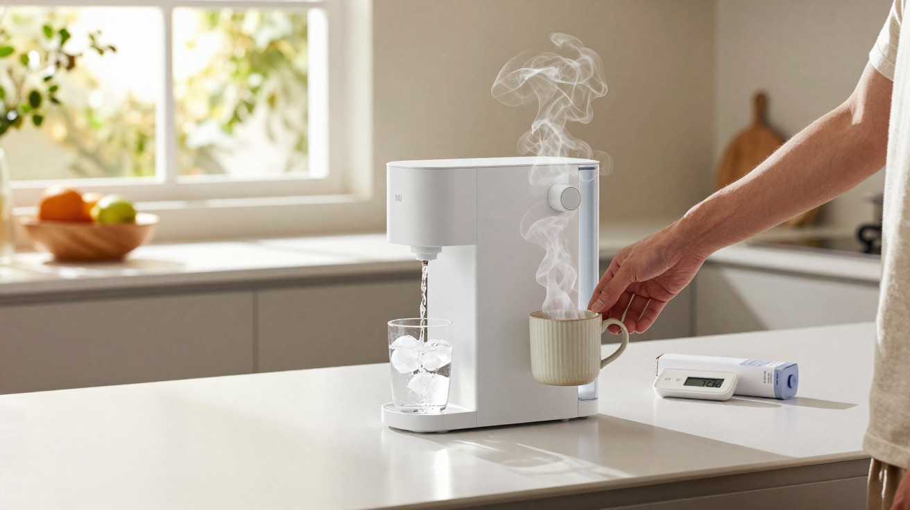 Person holding steaming cup near white water dispenser pouring ice water into glass on kitchen counter