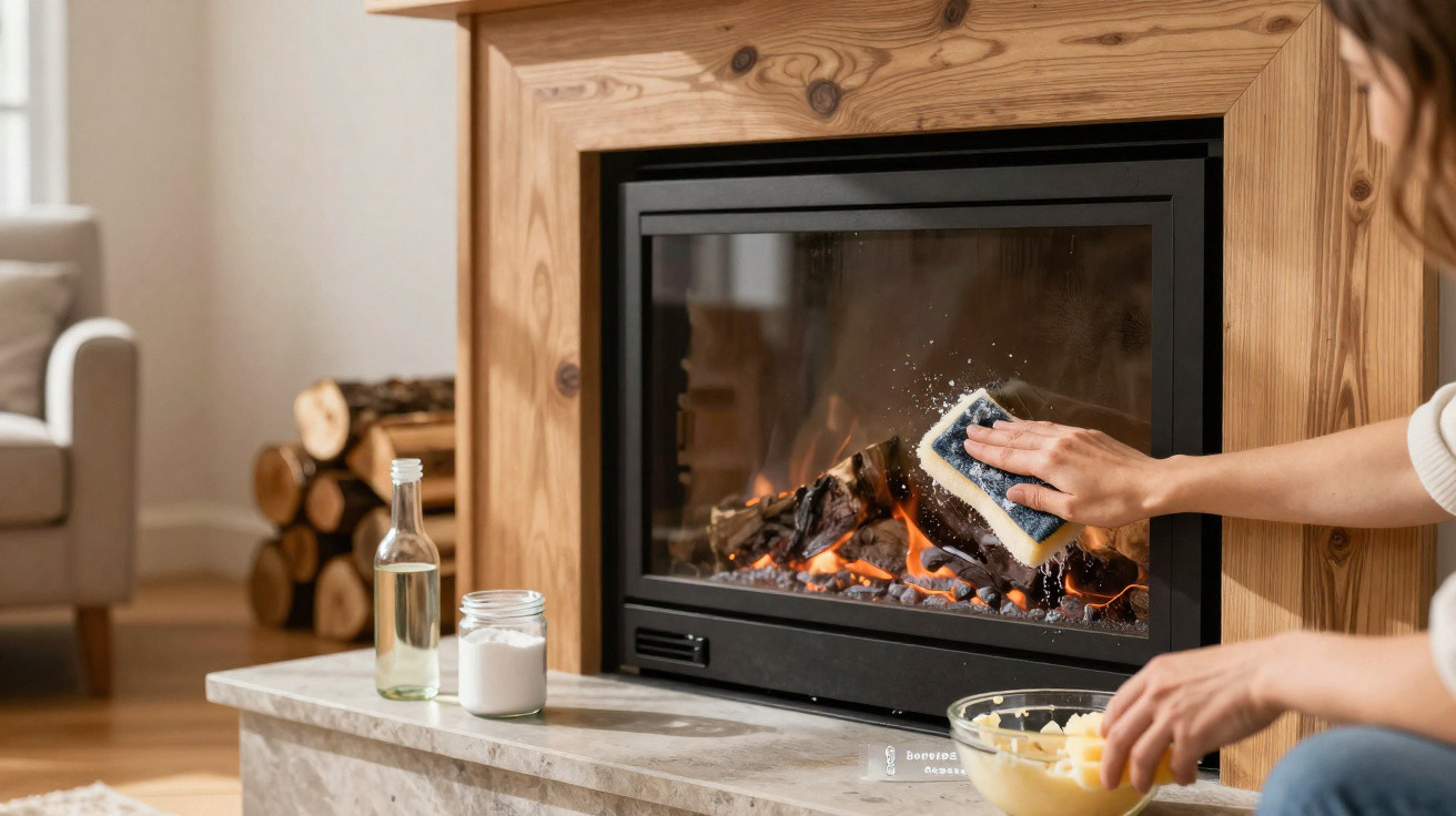 Person cleaning the glass door of a burning fireplace with a sponge in a cosy living room.