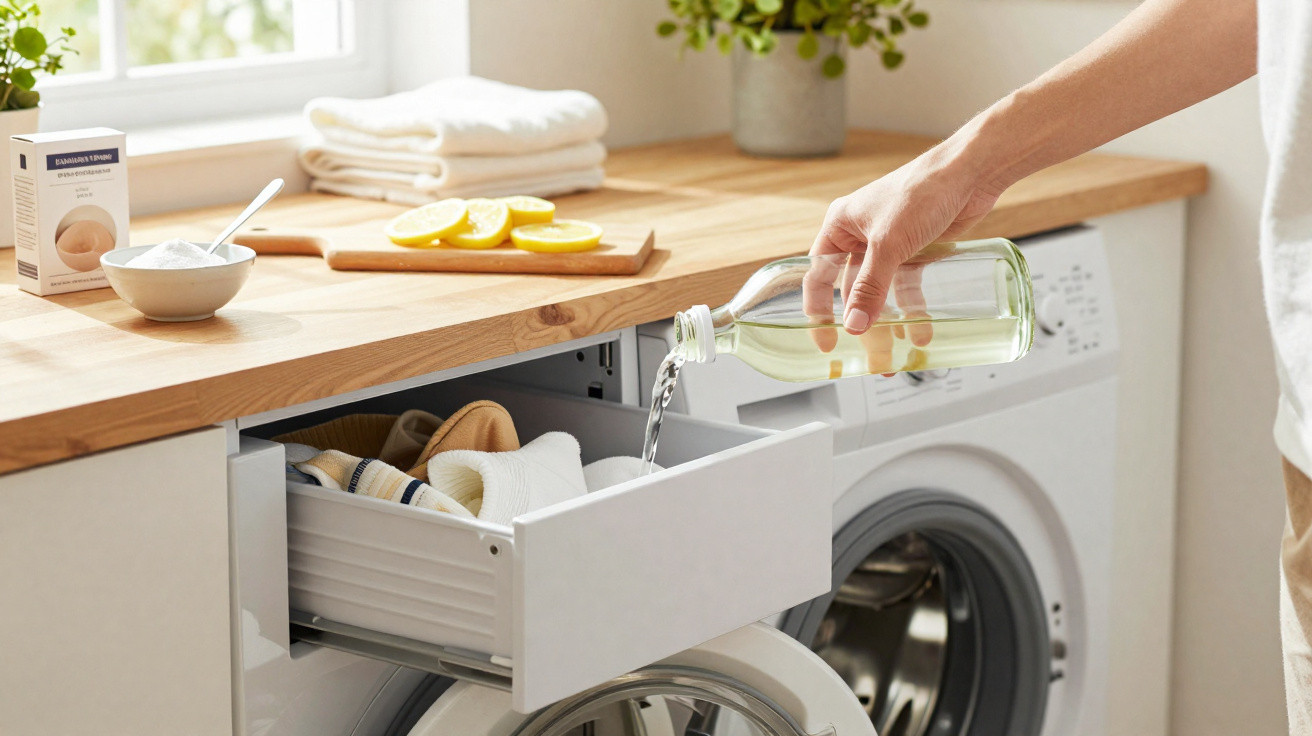 Hand pouring liquid into drawer above washing machine in a bright, organised laundry room.