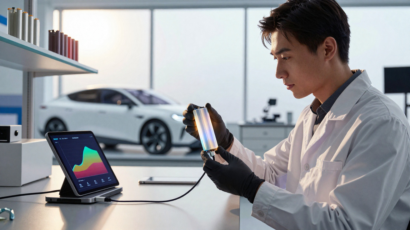 Scientist in lab coat examining a cylindrical battery with a tablet showing a graph, electric car in background.